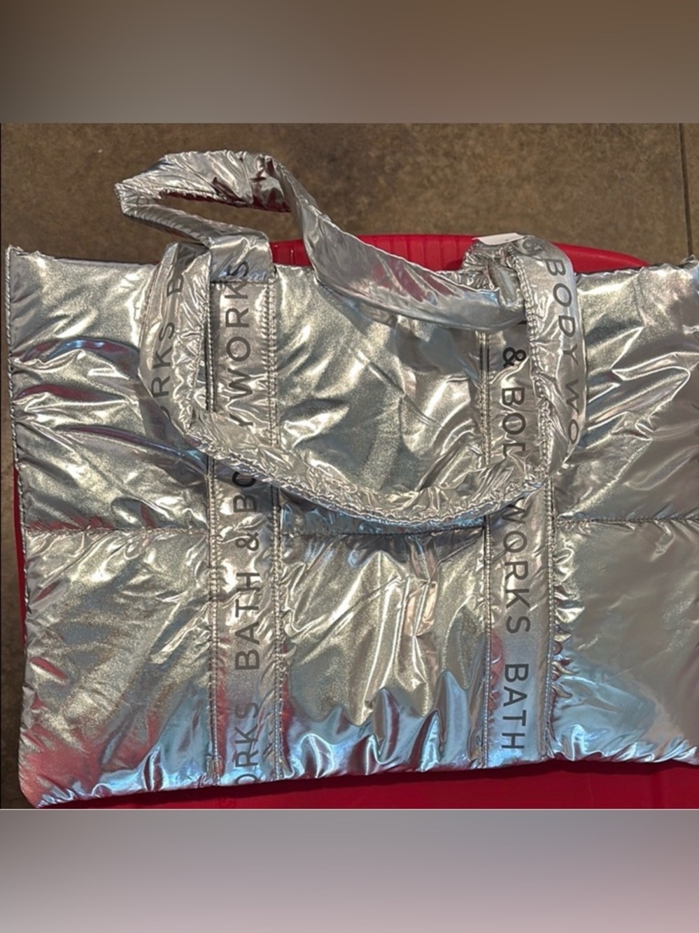 Bath & Body Works Metallic Silver Quilted Puffer Tote Bag w/ branded logo straps